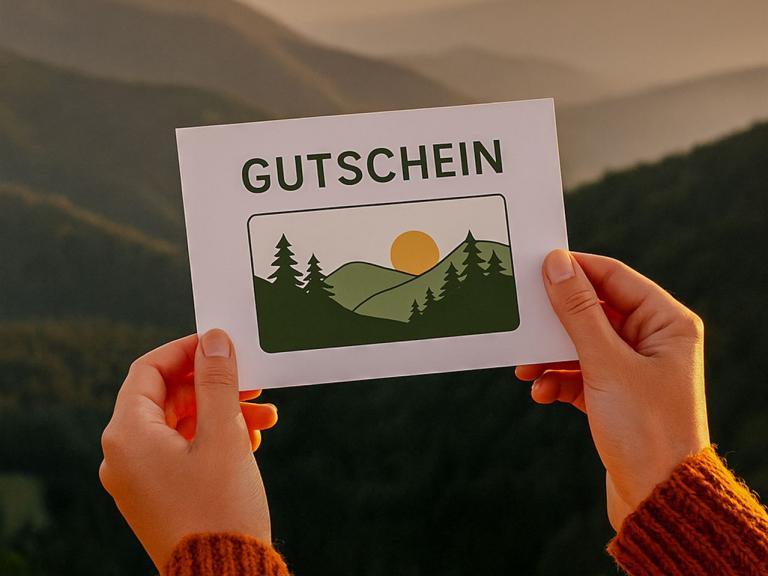 Zwei Hände halten einen Erlebnisgutschein mit Blick auf die Hügellandschaft im Schwarzwald